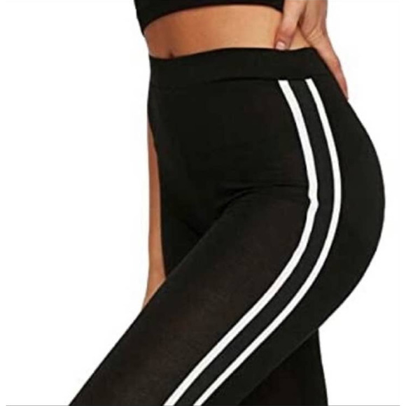 Fashion Nova Black Double White Striped Casual Active High Waisted Leggings - Picture 6 of 15
